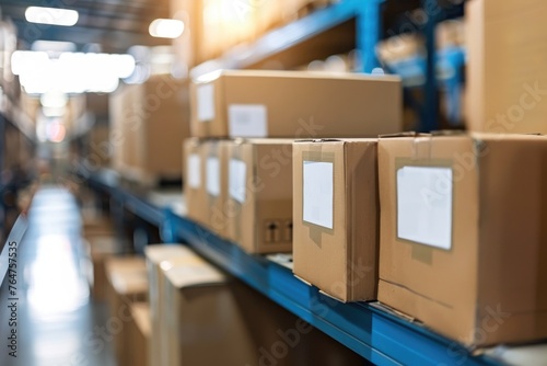 Shelves lined with boxes in a distribution center