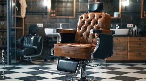 Stylish salon chair in chic barbershop hairdresser
