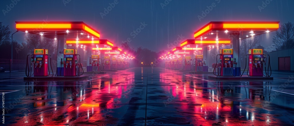 Rain-drenched gas station aglow with neon lights at dusk, reflecting vibrant hues on the wet pavement.
