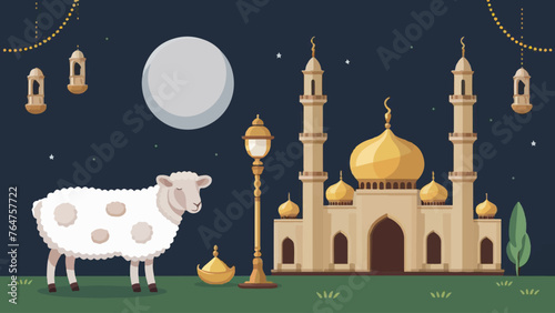 Captivating Eid al-Adha Illustration: Lifelike Sheep Gracing the Scenic Mosque photo