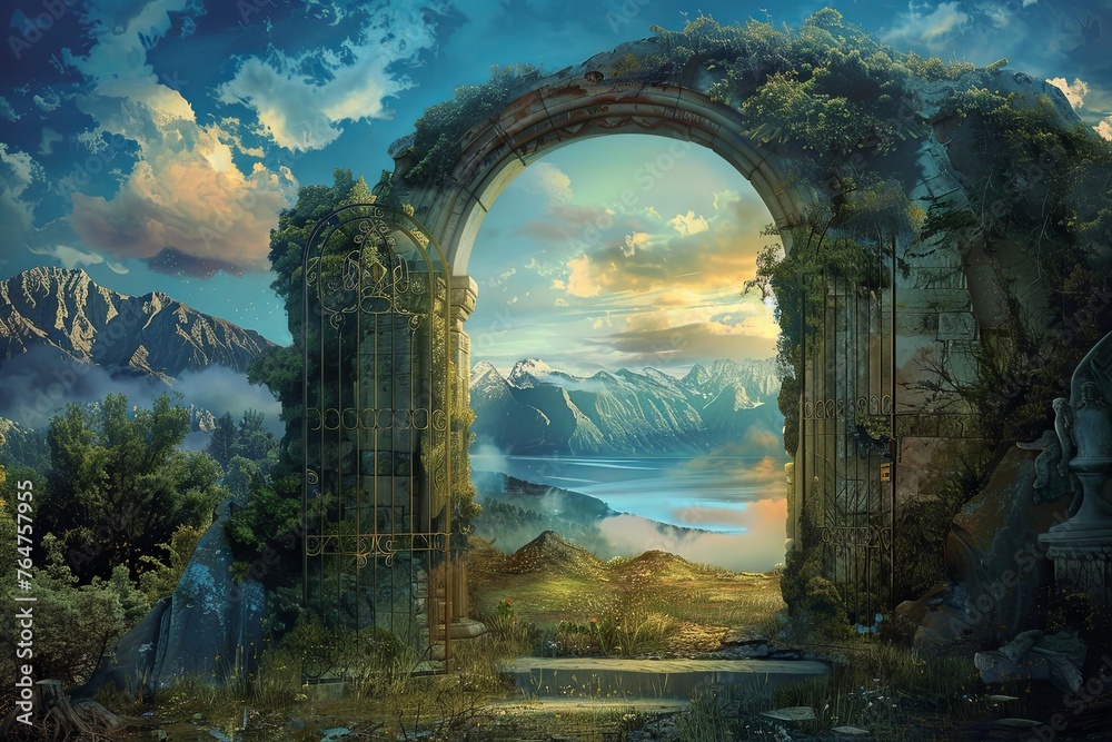 A painting showcasing an archway opening up to a beautiful lake, with vibrant colors and serene atmosphere. Generative AI