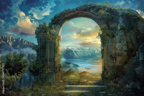A painting showcasing an archway opening up to a beautiful lake, with vibrant colors and serene atmosphere. Generative AI