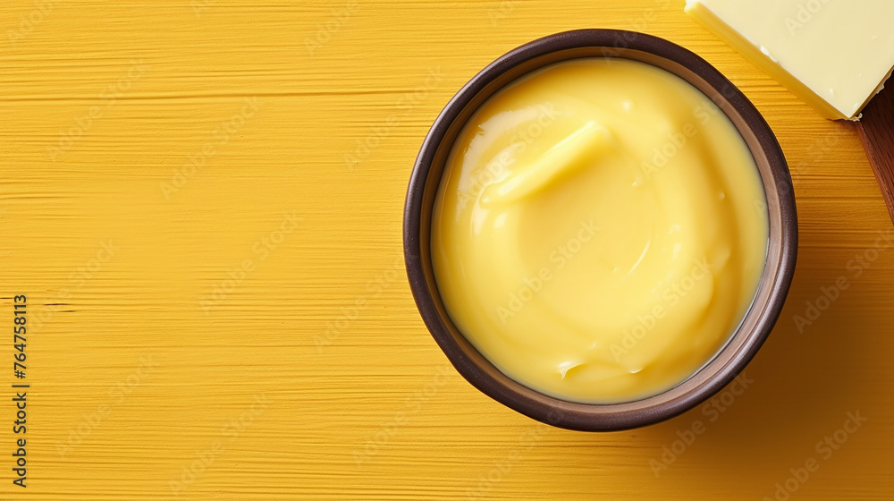 Bowl with melted butter or cheese on yellow background, top view, copy space. Dairy products Bowl with melted butter or cheese on yellow background, top view, copy space. Dairy products
