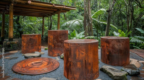 Under the canopy of a lush forest a wooden podium blends nature with the novelty of the showcased product