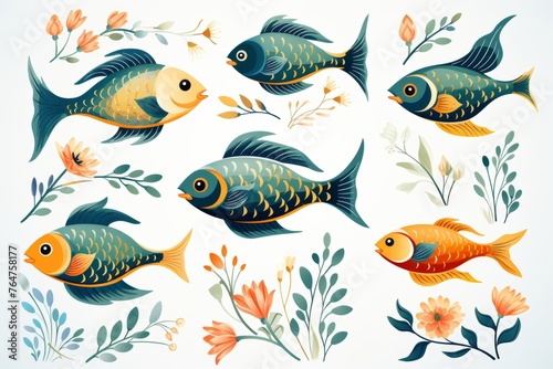 Set of colorful fishes and flowers icons, cartoon style illustration on white background