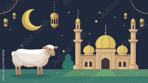 Captivating Eid al-Adha Illustration: Lifelike Sheep Gracing the Scenic Mosque photo