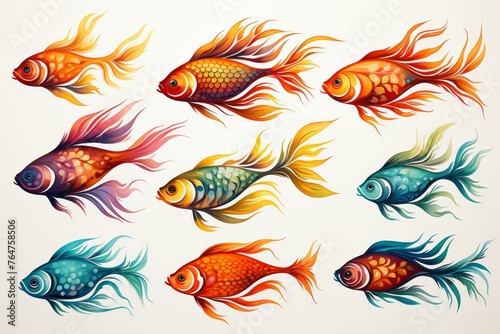 Colorful golden fish icon set on white background for graphic design and decoration