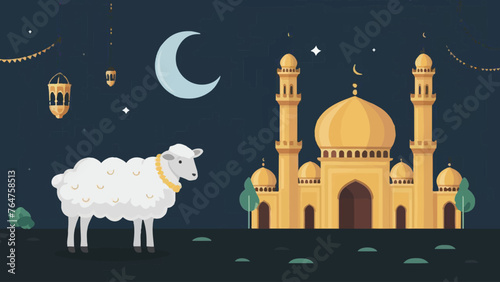 Captivating Eid al-Adha Illustration: Lifelike Sheep Gracing the Scenic Mosque