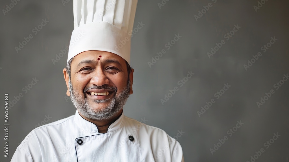 A happy Indian chef wearing a toque is shown against a grey background in a cooking-related - obrazy, fototapety, plakaty 