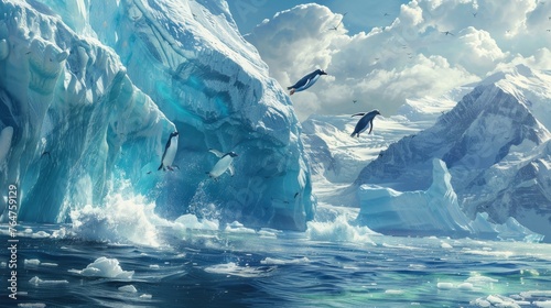 A group of penguins birds soaring over a massive iceberg in a frozen landscape, showcasing a unique interaction between wildlife and environment.