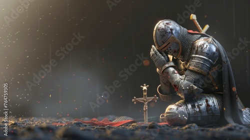 A noble digital knight kneeling in prayer photo