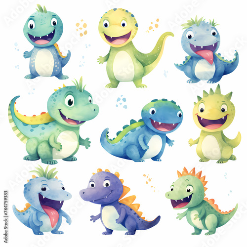 Set of Dinosaurs  Cartoon clipart watercolor art styles hand drawn Illustration