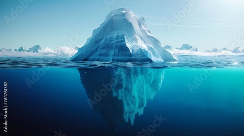 A large iceberg glides across the oceans surface, towering above the water with its icy structure. The iceberg stands out against the vast blue expanse of the sea, showcasing the power and beauty of © Goinyk
