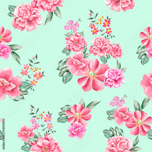 Watercolor flowers pattern, red tropical elements, green leaves, green background, seamless