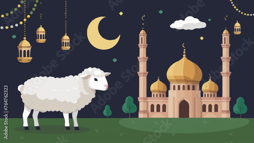 Captivating Eid al-Adha Illustration: Lifelike Sheep Gracing the Scenic Mosque photo