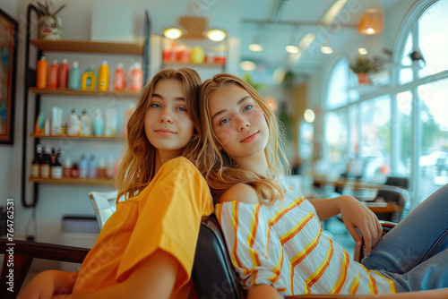 Caucasian teenage girls at hair salon looking at camera. Generative AI.jpg © Lux Images