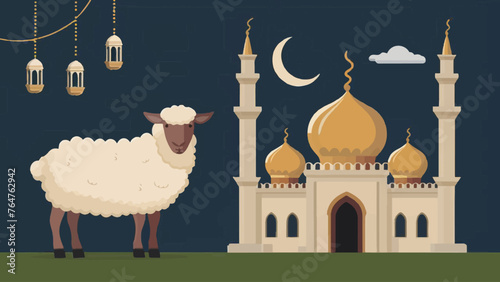 Captivating Eid al-Adha Illustration: Lifelike Sheep Gracing the Scenic Mosque photo