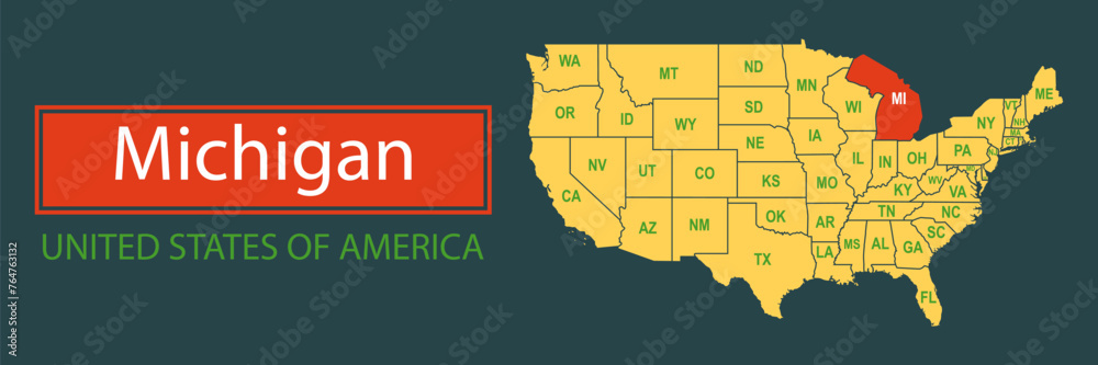 Obraz premium Banner, highlighting the boundaries of the state of Michigan on the map of the United States of America. Vector map borders of the USA Michigan state.
