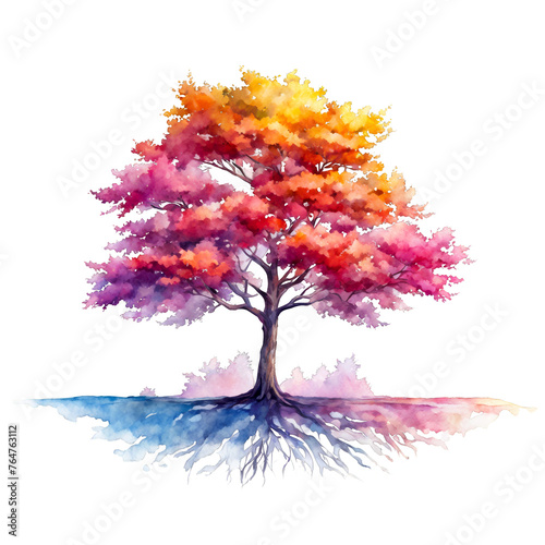 Watercolor illustration of colorful tree on white background, cutout, nature, minimal simple tree, save nature clipart, vector illustration, pink orange tree clipart