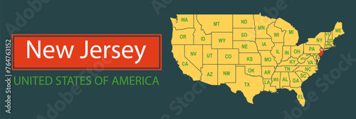 Banner, highlighting the boundaries of the state of New Jersey on the map of the United States of America. Vector map borders of the USA New Jersey state. photo