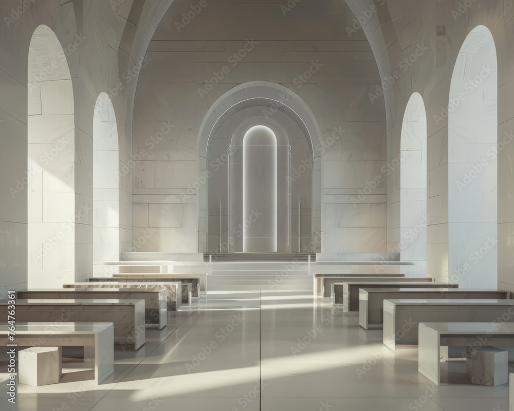 Cathedral interior with minimalist marble arches bathed in soft diffused light