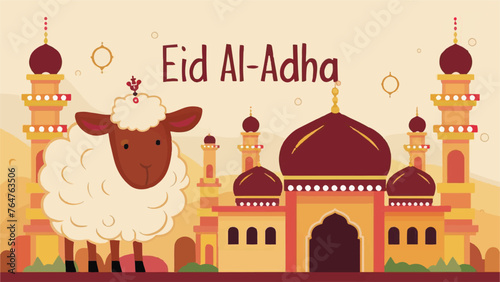 Captivating Eid al-Adha Illustration: Lifelike Sheep Gracing the Scenic Mosque photo