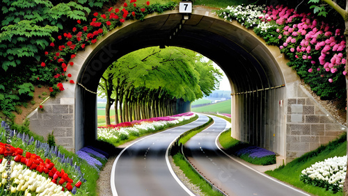 tunnel, flower,tree,beautiful scenery, Generative AI