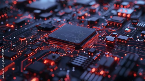 Close-up of an electronic circuit board with illuminated red data paths and central processing unit.