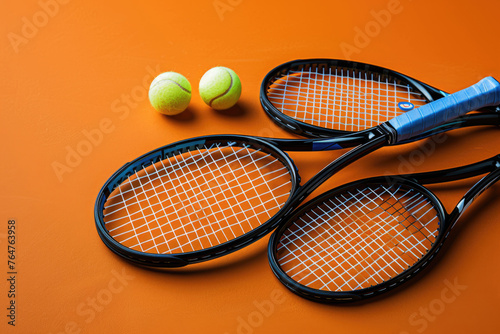 tennis rackets and tennis balls lying on orange tennis court. ai generated © dark_blade