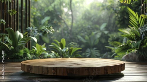 An ideal setting for showcasing eco-friendly products, a picturesque Exotic Bamboo Podium with a lush Tropical Rainforest backdrop.