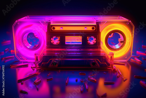 Tape recorder with neon effect. Nostalgia of the 90s.