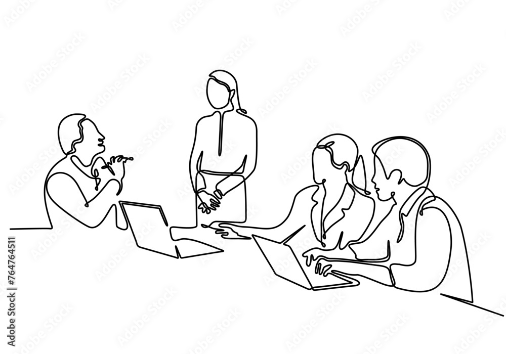 Continuous line drawing of group of business people having discussion in conference room. Creative business team brainstorming over new project isolated on white background Continuous line drawing of group of business people having discussion in conference room. Creative business team brainstorming over new project isolated on white background