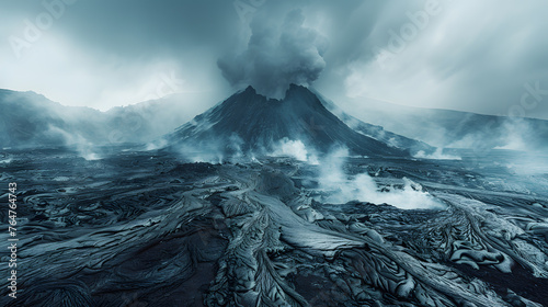 A volcanic cone, with layers of ash and rock as the background, during a volcanic cone formation