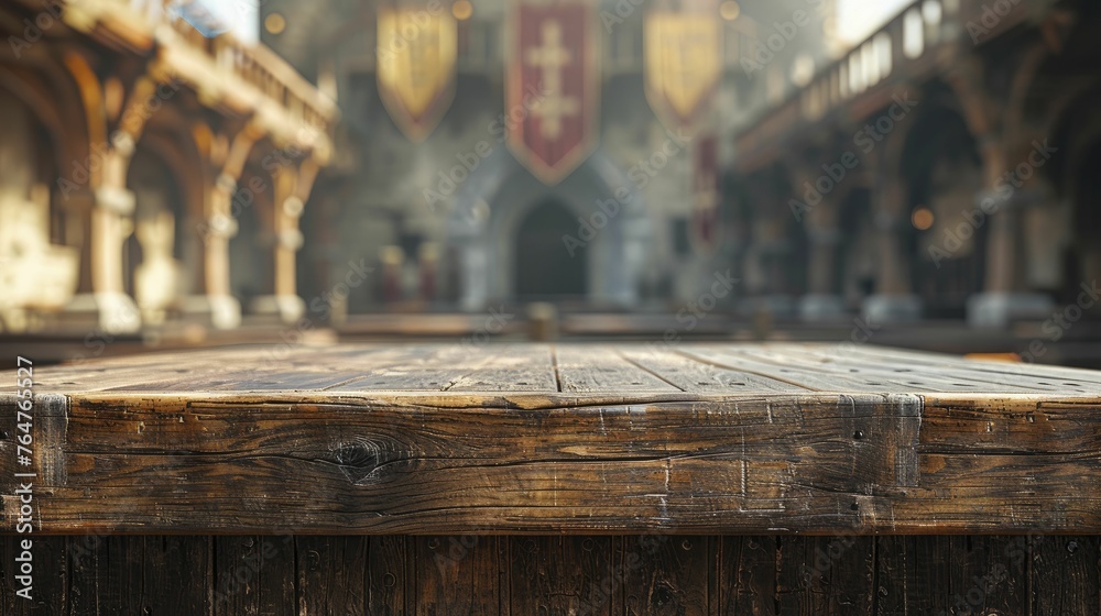 Witness the grandeur of a Medieval Wood Podium against a Knights' Jousting Tournament backdrop, perfect for historical displays. - obrazy, fototapety, plakaty 