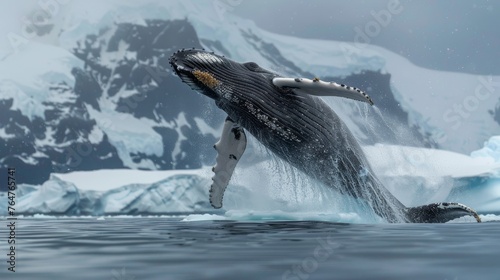 A humpback whale is energetically leaping out of the water, showcasing its massive body and tail in mid-air. The whales powerful movement creates a dramatic splash as it breaches the surface. © Goinyk