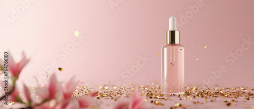 Pink pastel cosmetic mockup. Banner with cream jar, container, serum bottle, flowers and leaf.  Skin Care beauty concept. Showcase for product presentation. Ads background. Generative ai