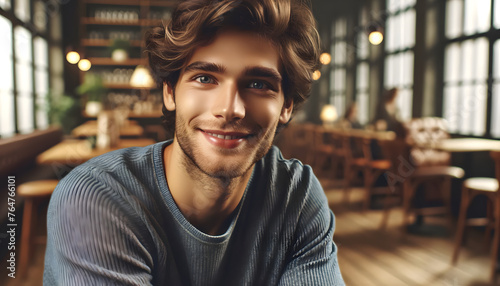 a close-up portrait of a young man with an amiable smile, seated in what appears to be a rustic and warmly lit café or library
