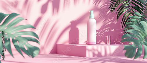 Pink pastel cosmetic mockup. Banner with cream jar, container, serum bottle, flowers and leaf.  Skin Care beauty concept. Showcase for product presentation. Ads background. Generative ai