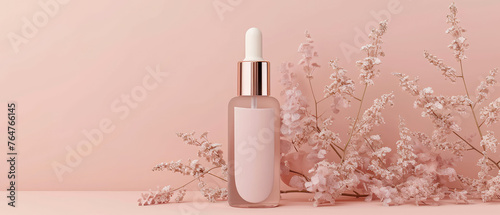 Pink pastel cosmetic mockup. Banner with cream jar, container, serum bottle, flowers and leaf.  Skin Care beauty concept. Showcase for product presentation. Ads background. Generative ai
