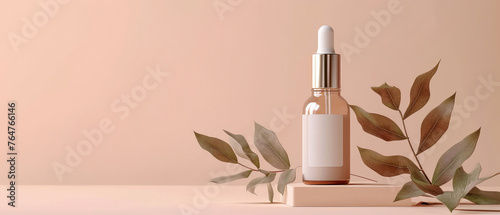 Pink pastel cosmetic mockup. Banner with cream jar, container, serum bottle, flowers and leaf.  Skin Care beauty concept. Showcase for product presentation. Ads background. Generative ai