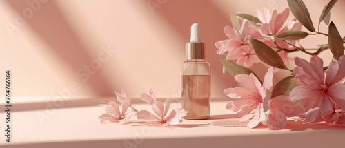 Pink pastel cosmetic mockup. Banner with cream jar, container, serum bottle, flowers and leaf.  Skin Care beauty concept. Showcase for product presentation. Ads background. Generative ai