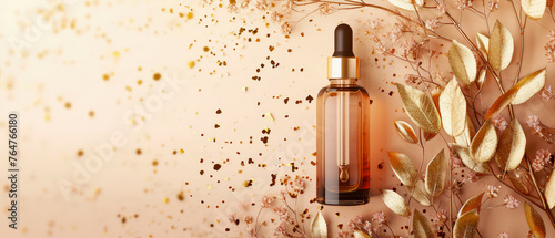 Beige pastel cosmetic mockup. Layout, Flat lay.  Banner with cream jar, container, serum bottle, leaf, flowers and decoration.Skin Care beauty concept. Showcase for product presentation.Generative ai