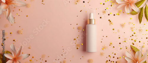 Beige pastel cosmetic mockup. Layout, Flat lay.  Banner with cream jar, container, serum bottle, leaf, flowers and decoration.Skin Care beauty concept. Showcase for product presentation.Generative ai