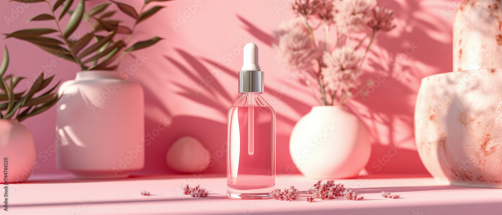 Pink pastel cosmetic mockup. Banner with cream jar, container, serum bottle, flowers and leaf.  Skin Care beauty concept. Showcase for product presentation. Ads background. Generative ai