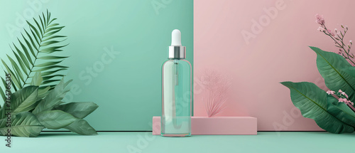 Pink pastel cosmetic mockup. Banner with cream jar, container, serum bottle, flowers and leaf. Skin Care beauty concept. Showcase for product presentation. Ads background. Generative ai