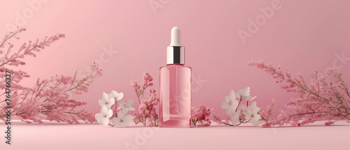 Pink pastel cosmetic mockup. Banner with cream jar, container, serum bottle, flowers and leaf.  Skin Care beauty concept. Showcase for product presentation. Ads background. Generative ai