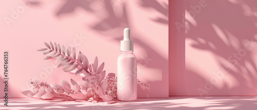 Pink pastel cosmetic mockup. Banner with cream jar, container, serum bottle, flowers and leaf.  Skin Care beauty concept. Showcase for product presentation. Ads background. Generative ai