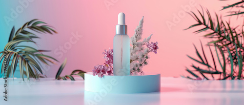 Cosmetic floral mockup. Banner with cream jar, container, bottle. Skin Care, make up beauty concept. Showcase for product presentation. Ads background. Generative ai