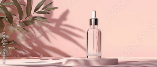 Pink pastel cosmetic mockup. Banner with cream jar, container, serum bottle, flowers and leaf.  Skin Care beauty concept. Showcase for product presentation. Ads background. Generative ai