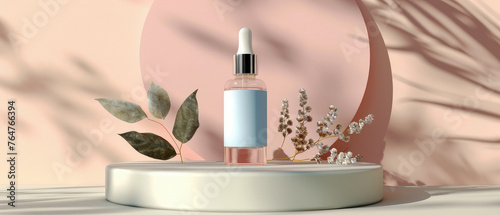 Pink pastel cosmetic mockup. Banner with cream jar, container, serum bottle, flowers and leaf.  Skin Care beauty concept. Showcase for product presentation. Ads background. Generative ai